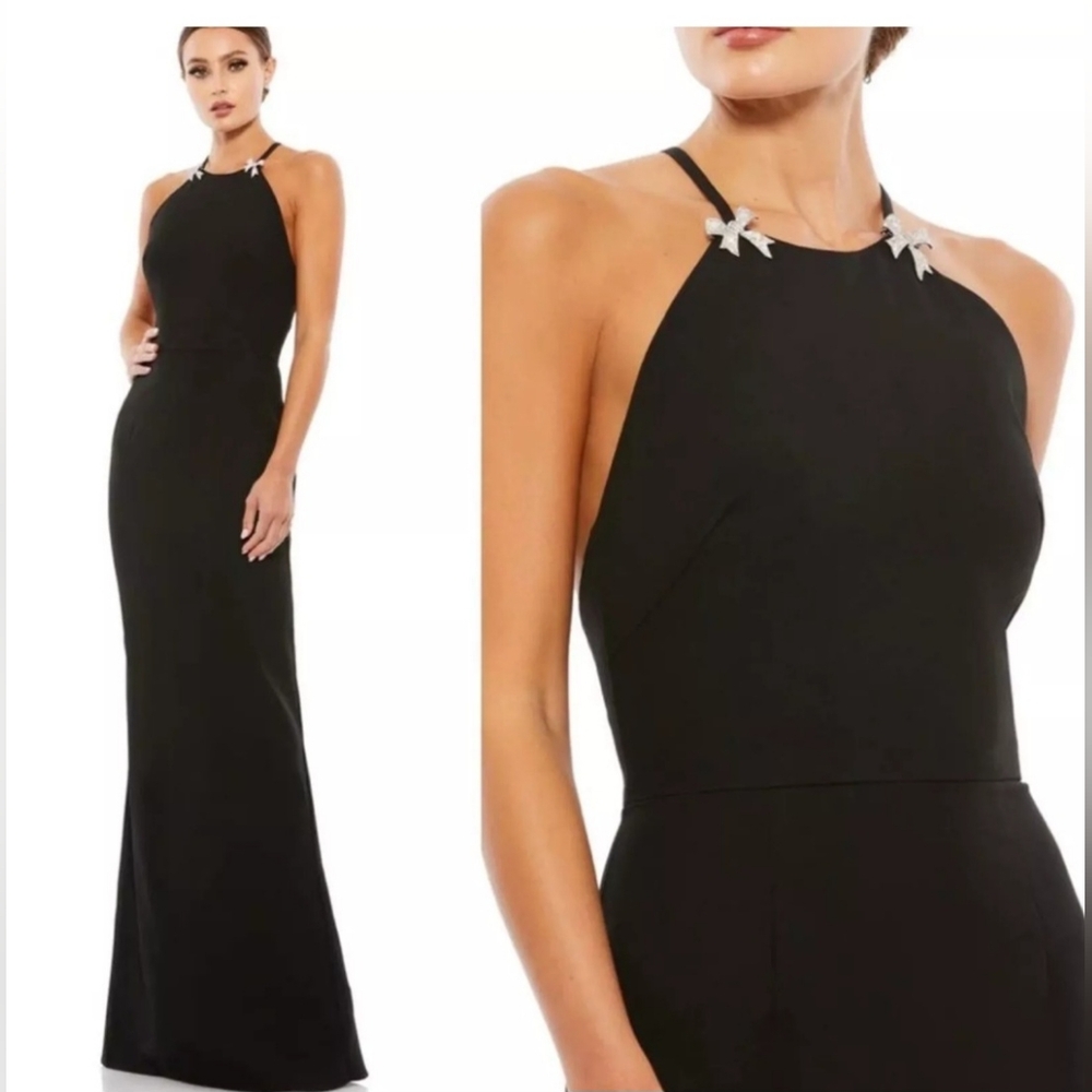 Mac Duggal Bow Halter Criss-Cross Column Gown Black Size 2